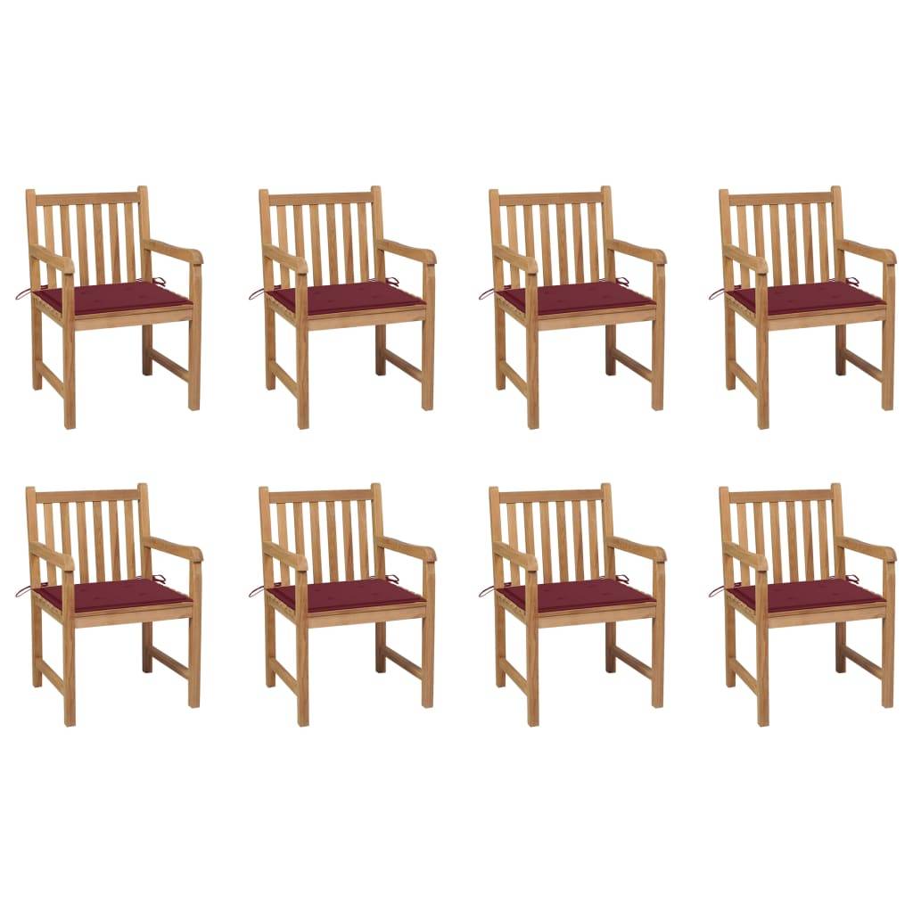vidaXL Gartenstühle 8 Stk. mit Weinroten Kissen Massivholz Teak