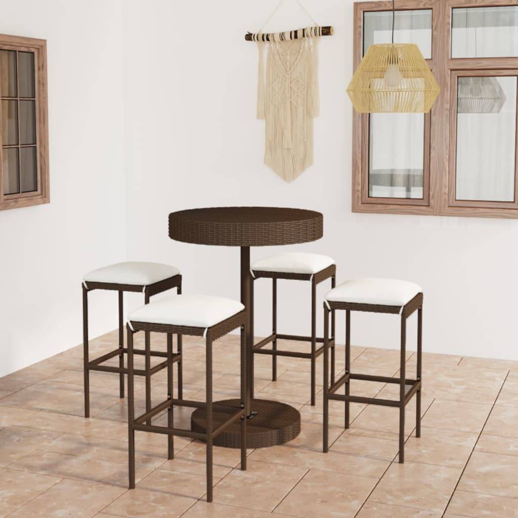 vidaXL 5-tlg. Gartenbar-Set mit Kissen Poly Rattan Braun