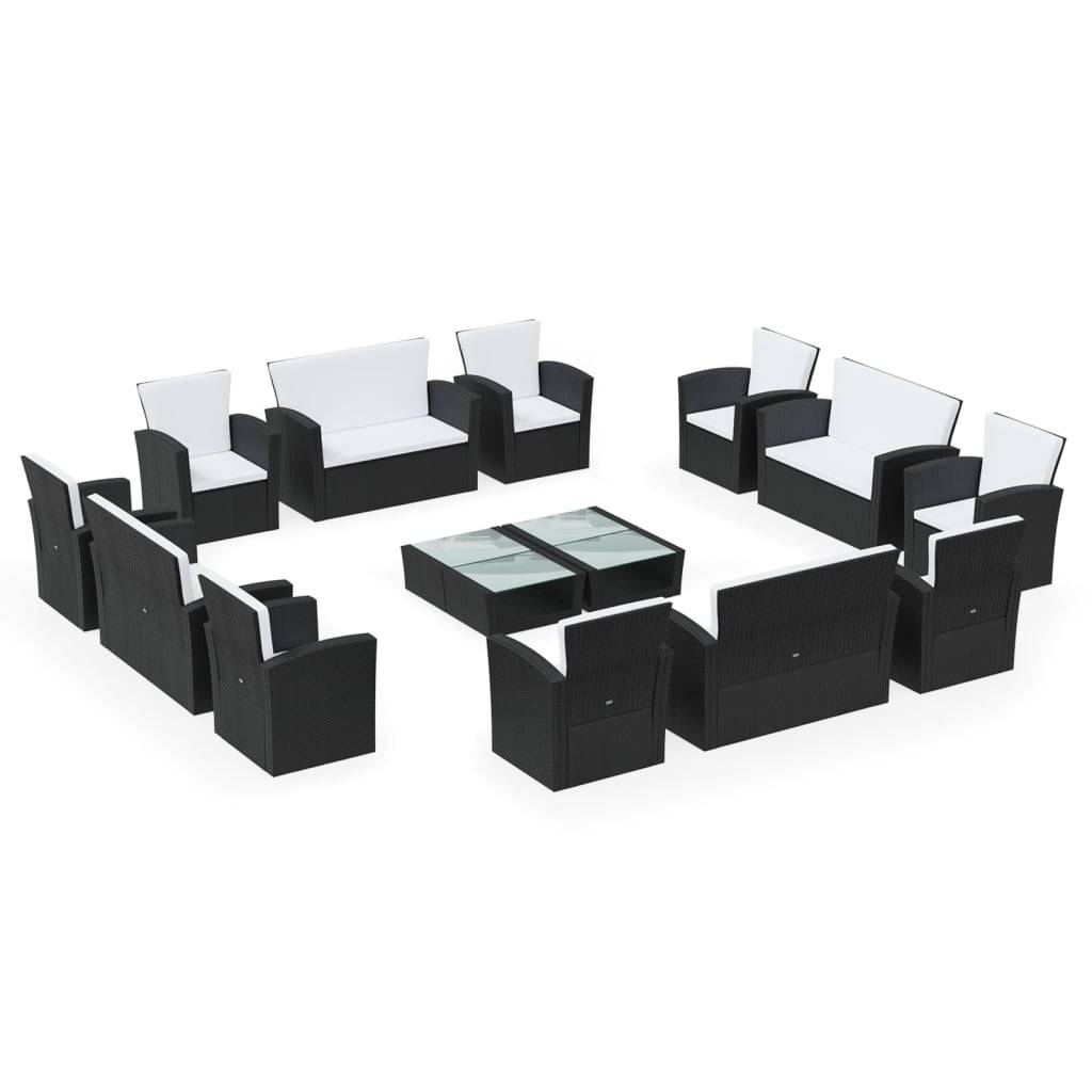 vidaXL 16-tlg. Garten-Lounge-Set mit Kissen Poly-Rattan Schwarz