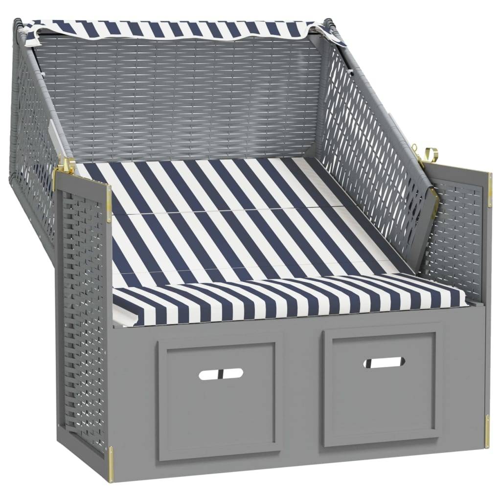 vidaXL Strandkorb mit Dach Poly Rattan und Massivholz Blau & Weiß