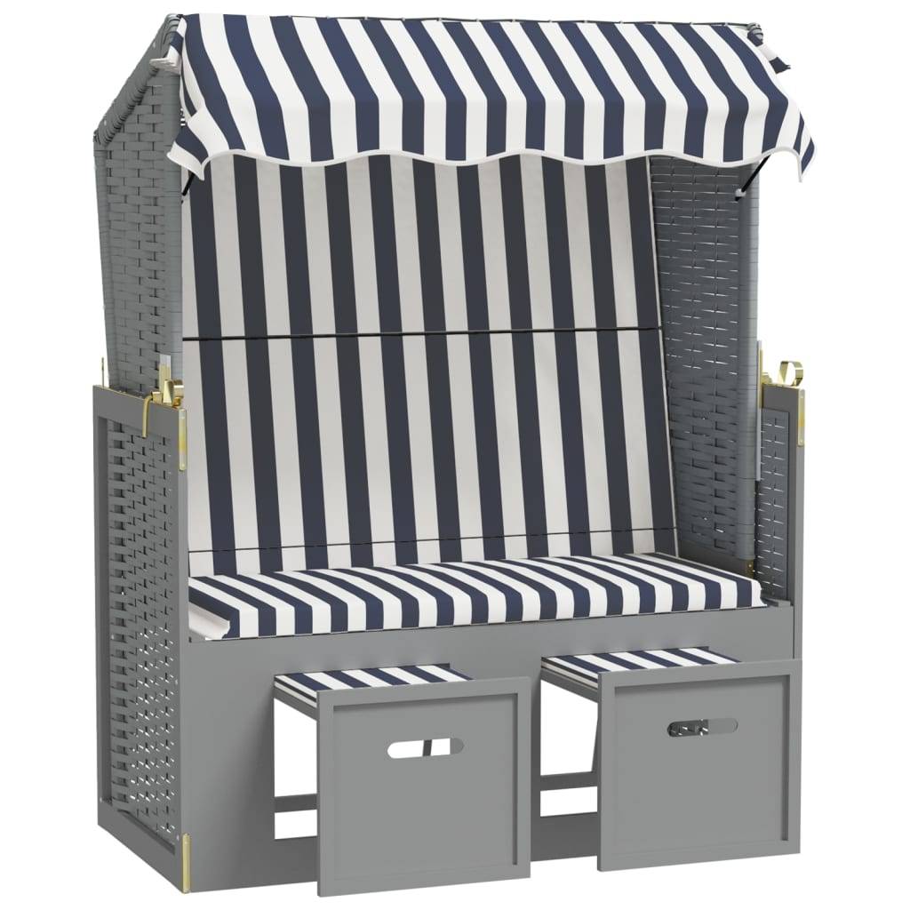 vidaXL Strandkorb mit Dach Poly Rattan und Massivholz Blau & Weiß