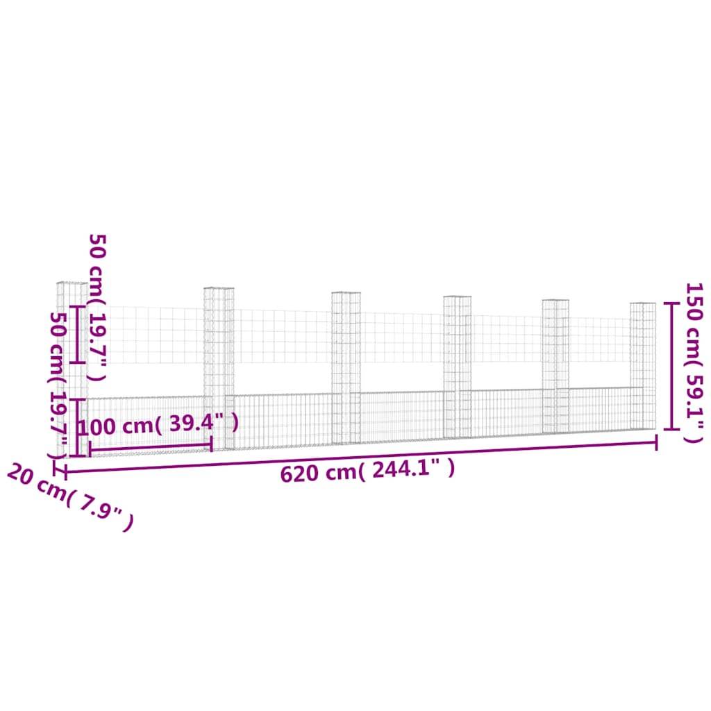 vidaXL Gabionenkorb U-Form mit 6 Säulen Eisen 620x20x150 cm