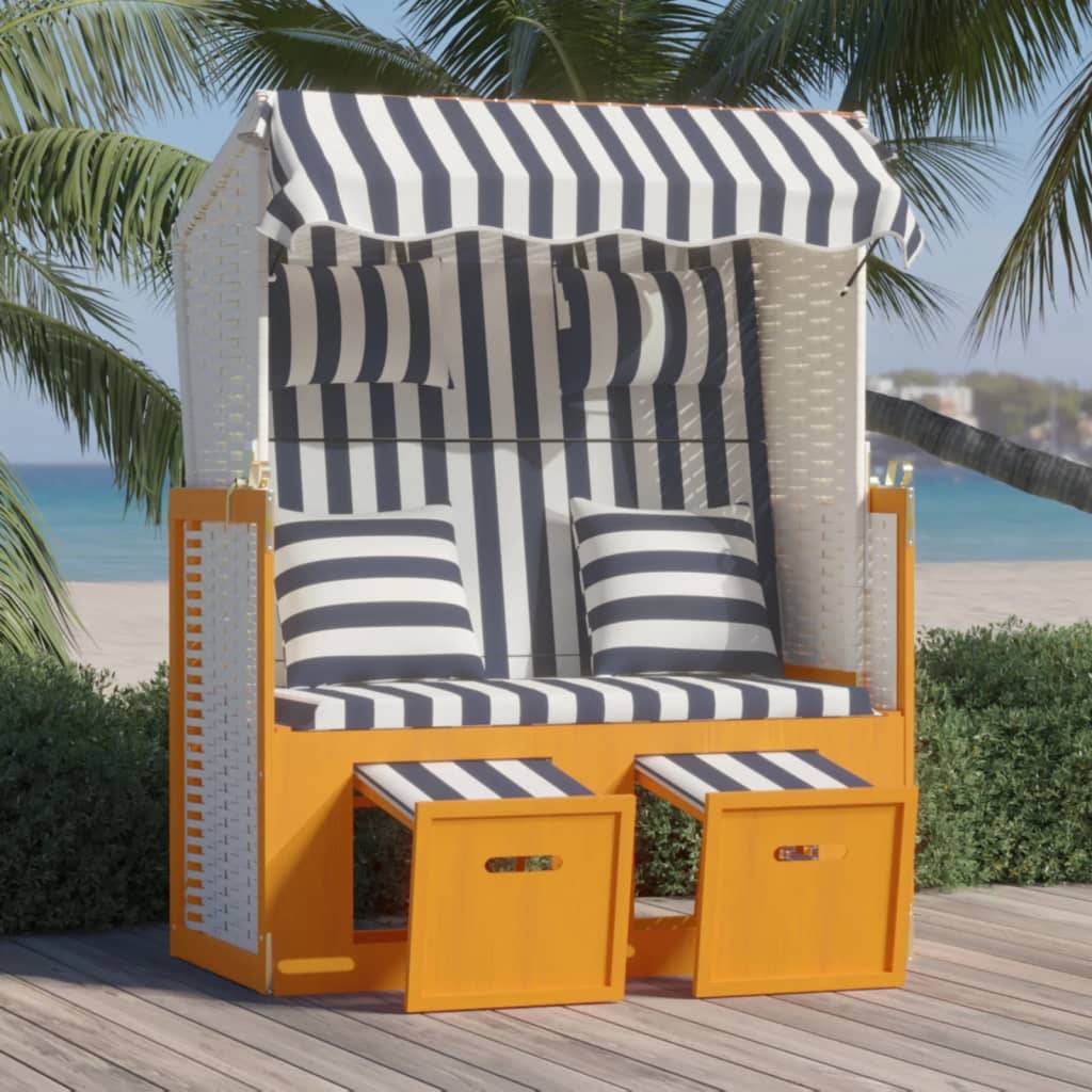 vidaXL Strandkorb mit Kissen Poly Rattan & Massivholz Weiß & Blau