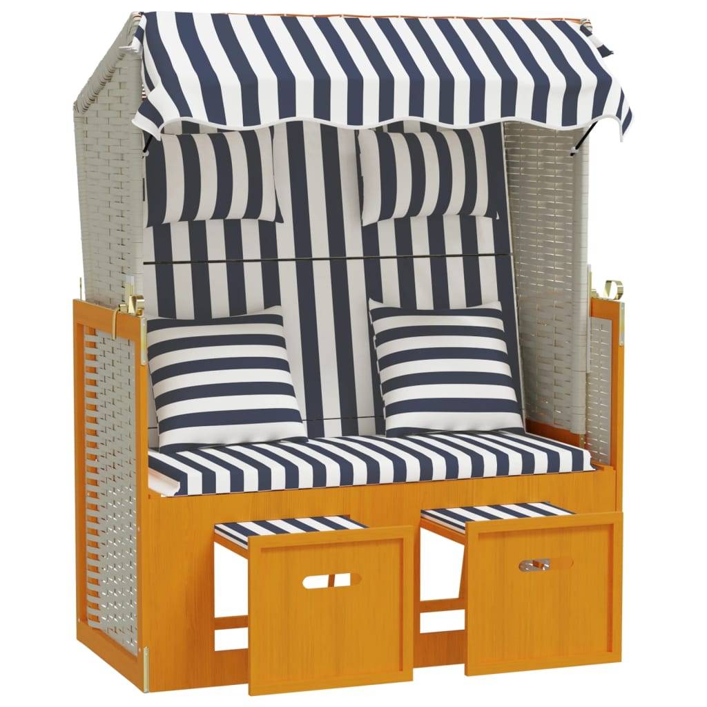 vidaXL Strandkorb mit Kissen Poly Rattan & Massivholz Weiß & Blau