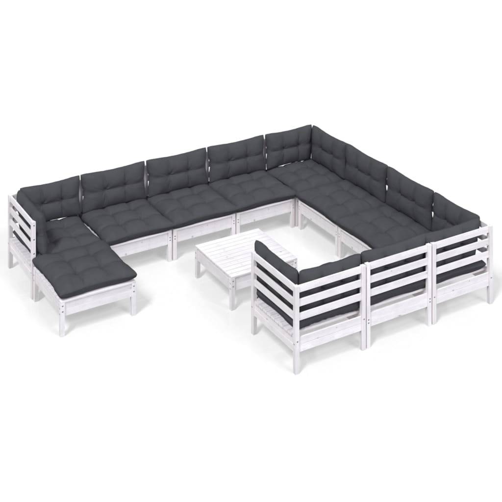 vidaXL 12-tlg. Garten-Lounge-Set mit Kissen Weiß Kiefernholz