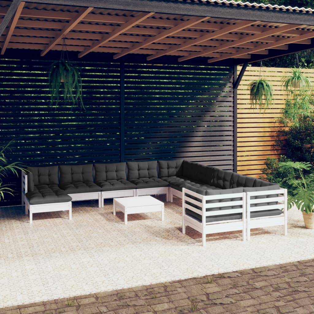 vidaXL 12-tlg. Garten-Lounge-Set mit Kissen Weiß Kiefernholz