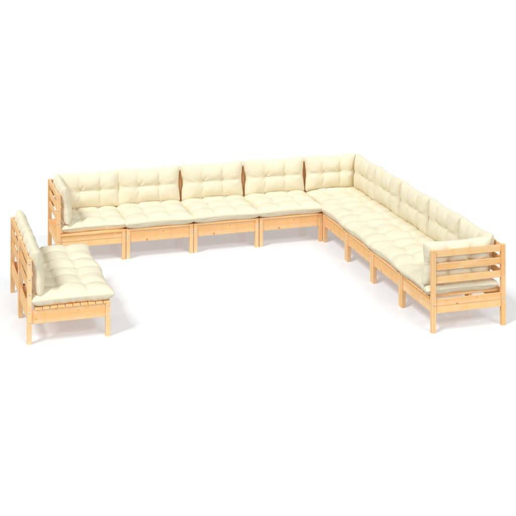 vidaXL 11-tlg. Garten-Lounge-Set mit Creme Kissen Massivholz Kiefer