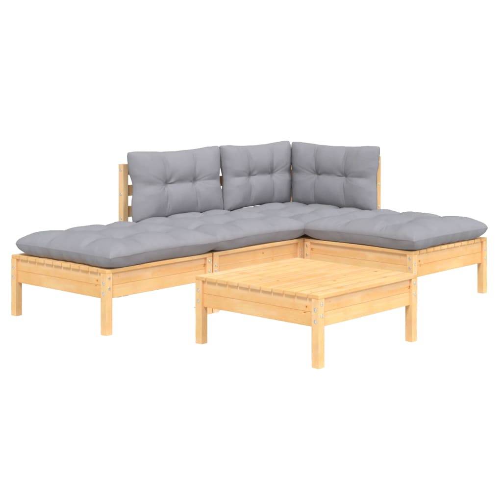 vidaXL 5-tlg. Garten-Lounge-Set mit Grauen Kissen Kiefernholz