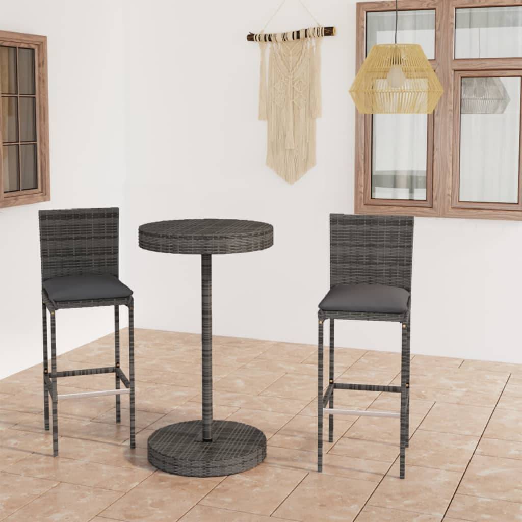 vidaXL 3-tlg. Gartenbar-Set mit Kissen Poly Rattan Grau