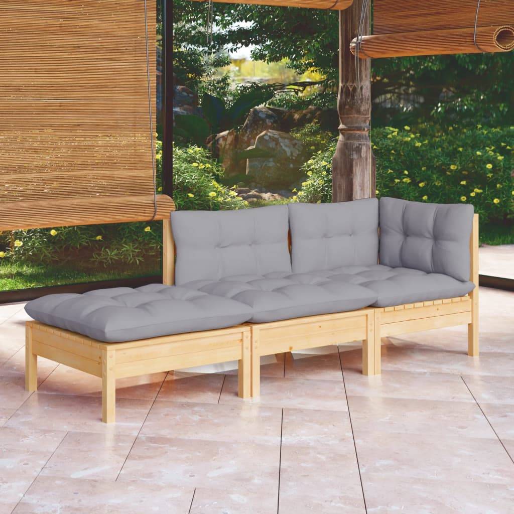 vidaXL 3-tlg. Garten-Lounge-Set mit Grauen Kissen Kiefer Massivholz