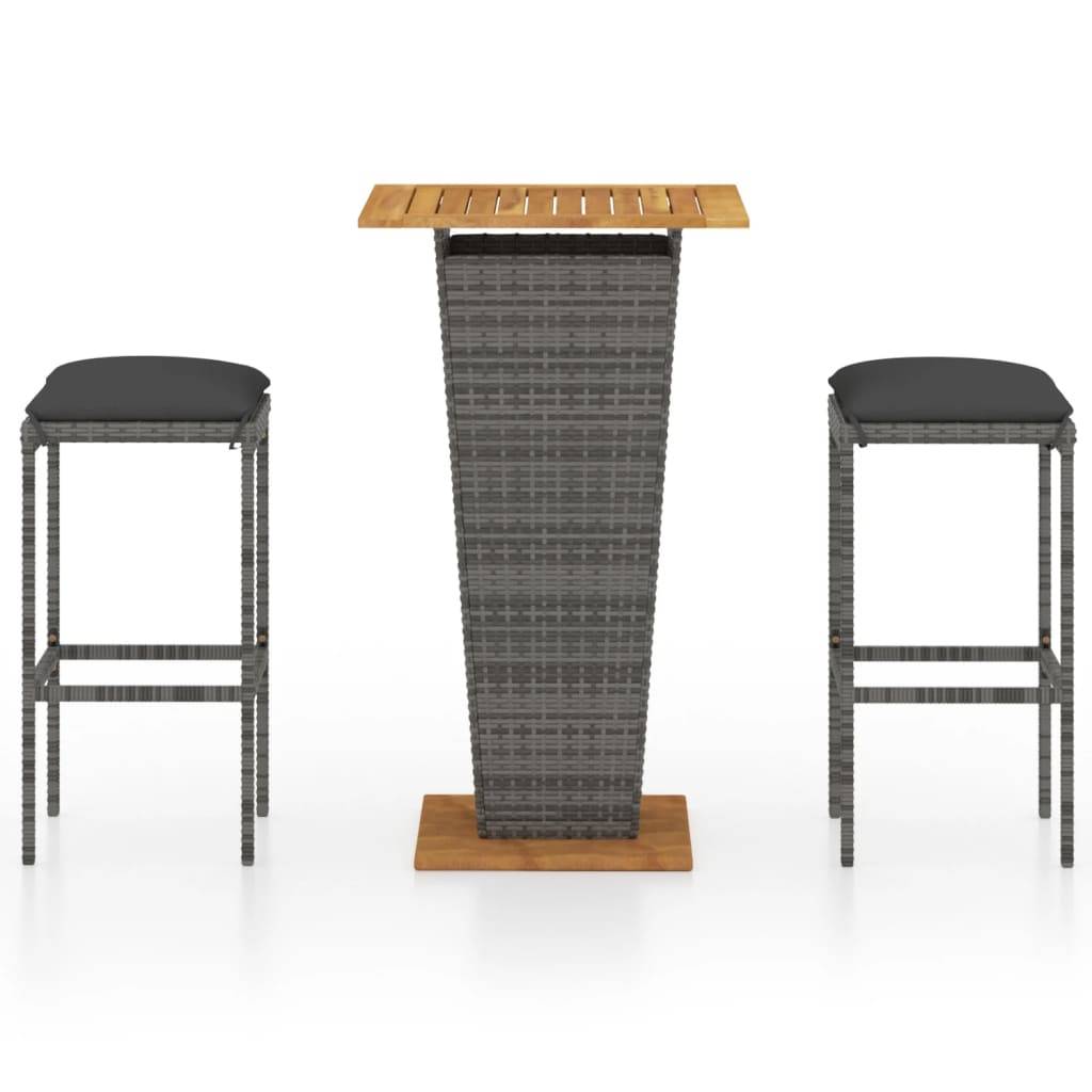 vidaXL 3-tlg. Gartenbar-Set mit Kissen Poly Rattan Grau