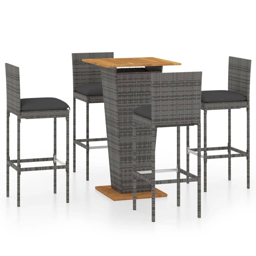 vidaXL 5-tlg. Gartenbar-Set mit Kissen Poly Rattan Grau