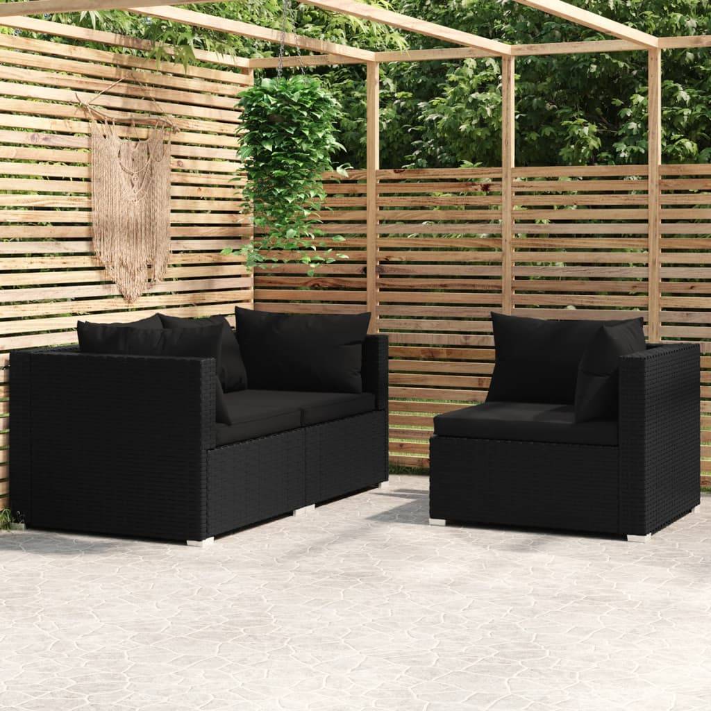 vidaXL 3-tlg. Garten-Lounge-Set mit Kissen Schwarz Poly Rattan