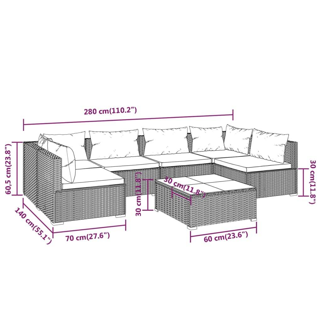 vidaXL 7-tlg. Garten-Lounge-Set mit Kissen Poly Rattan Braun