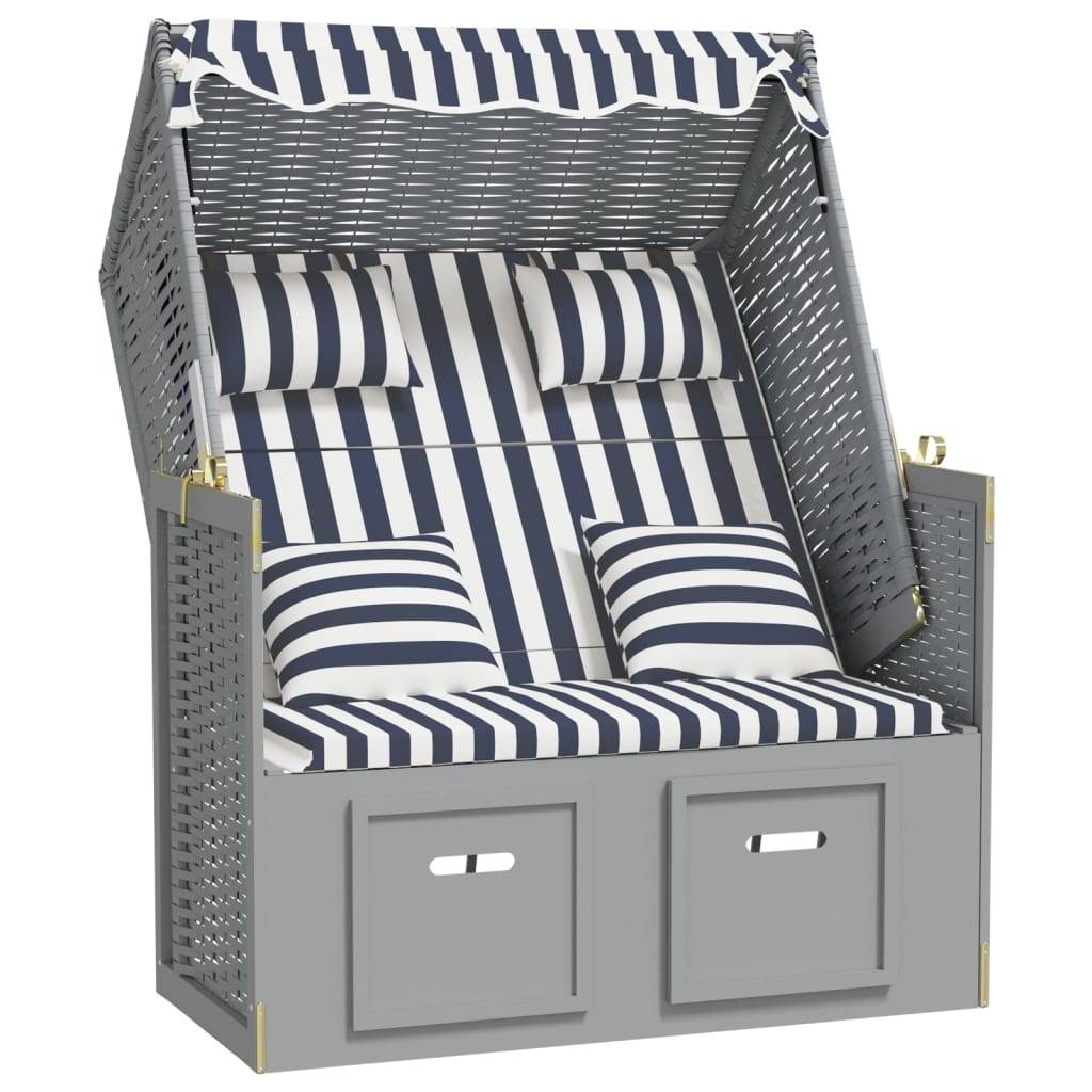 vidaXL Strandkorb mit Kissen Poly Rattan und Massivholz Blau & Weiß