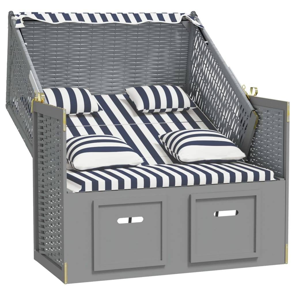vidaXL Strandkorb mit Kissen Poly Rattan und Massivholz Blau & Weiß