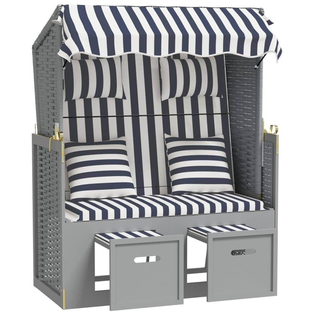 vidaXL Strandkorb mit Kissen Poly Rattan und Massivholz Blau & Weiß
