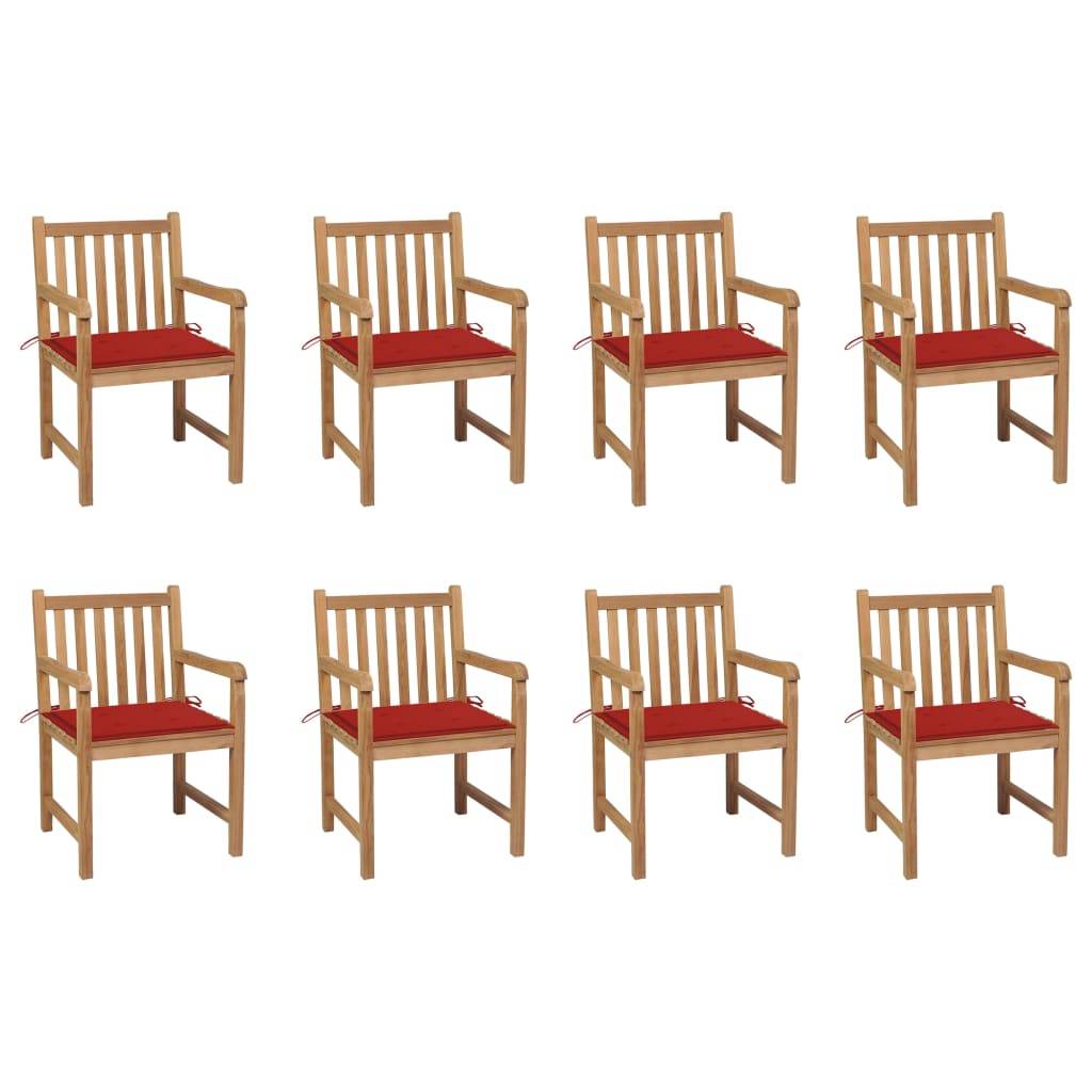 vidaXL Gartenstühle 8 Stk. mit Roten Kissen Massivholz Teak