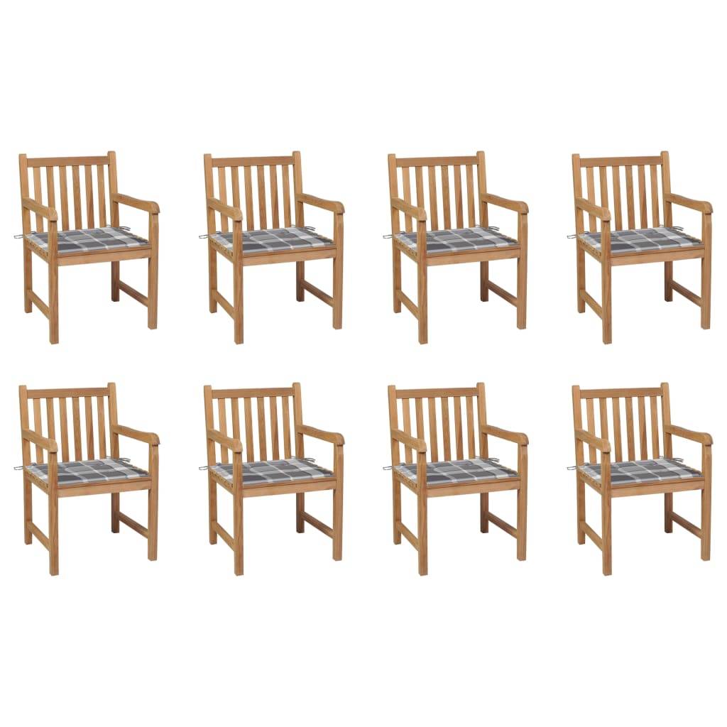 vidaXL Gartenstühle 8 Stk. Graue Karomuster-Kissen Massivholz Teak
