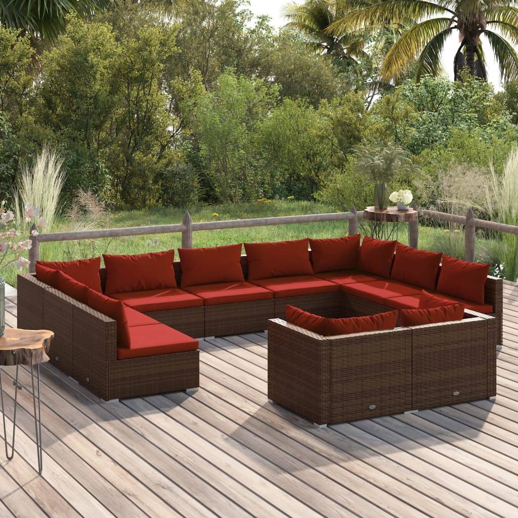 vidaXL 11-tlg. Garten-Lounge-Set mit Kissen Braun Poly Rattan