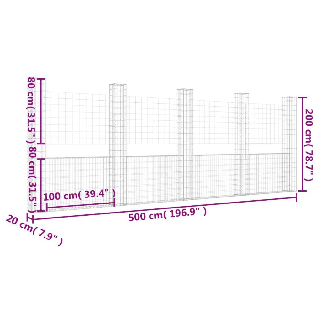 vidaXL Gabionenkorb U-Form mit 5 Säulen Eisen 500x20x200 cm