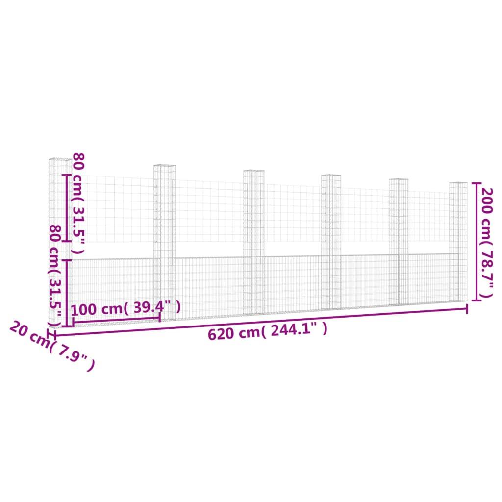 vidaXL Gabionenkorb U-Form mit 6 Säulen Eisen 620x20x200 cm