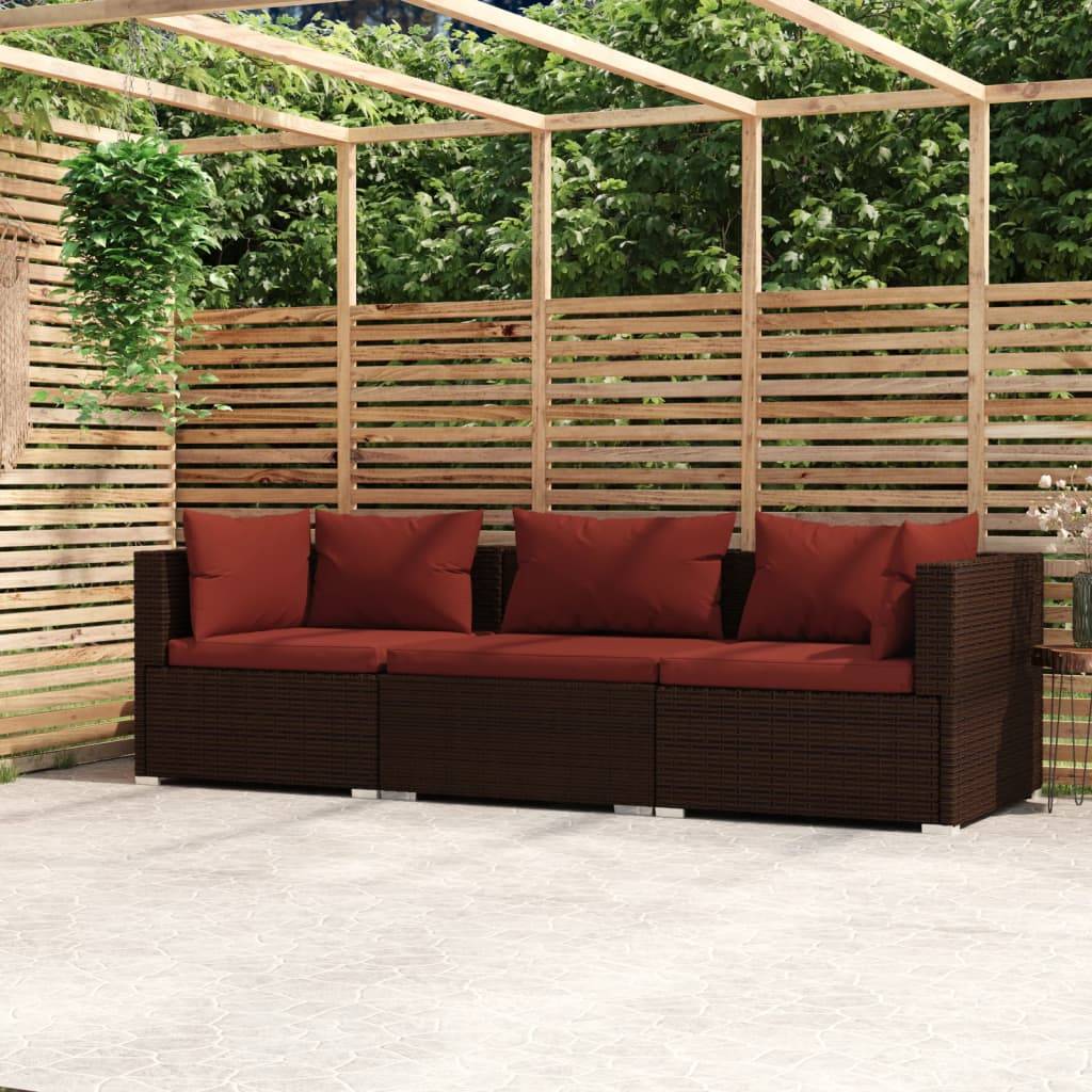 vidaXL 3-Sitzer-Sofa mit Kissen Braun Poly Rattan