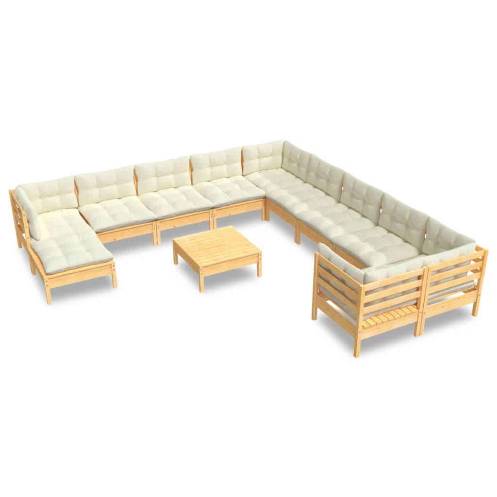 vidaXL 12-tlg. Garten-Lounge-Set mit Creme Kissen Kiefernholz