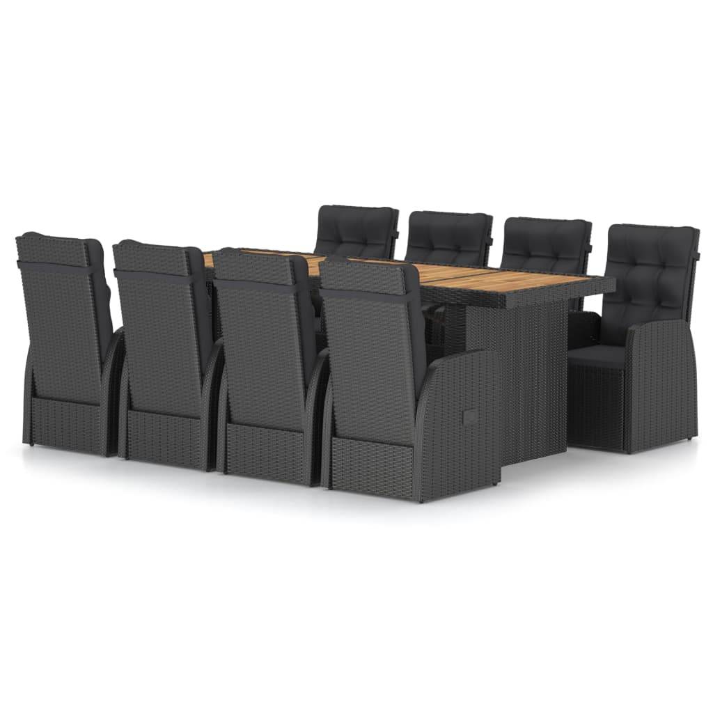 vidaXL 9-tlg. Garten-Essgruppe mit Kissen Poly Rattan Schwarz