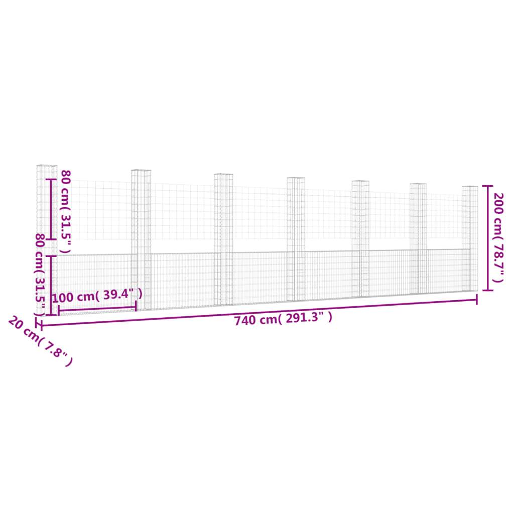 vidaXL Gabionenkorb U-Form mit 7 Säulen Eisen 740x20x200 cm