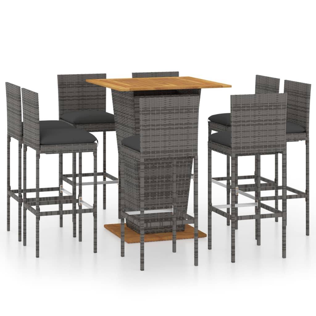 vidaXL 9-tlg. Gartenbar-Set mit Kissen Poly Rattan Grau