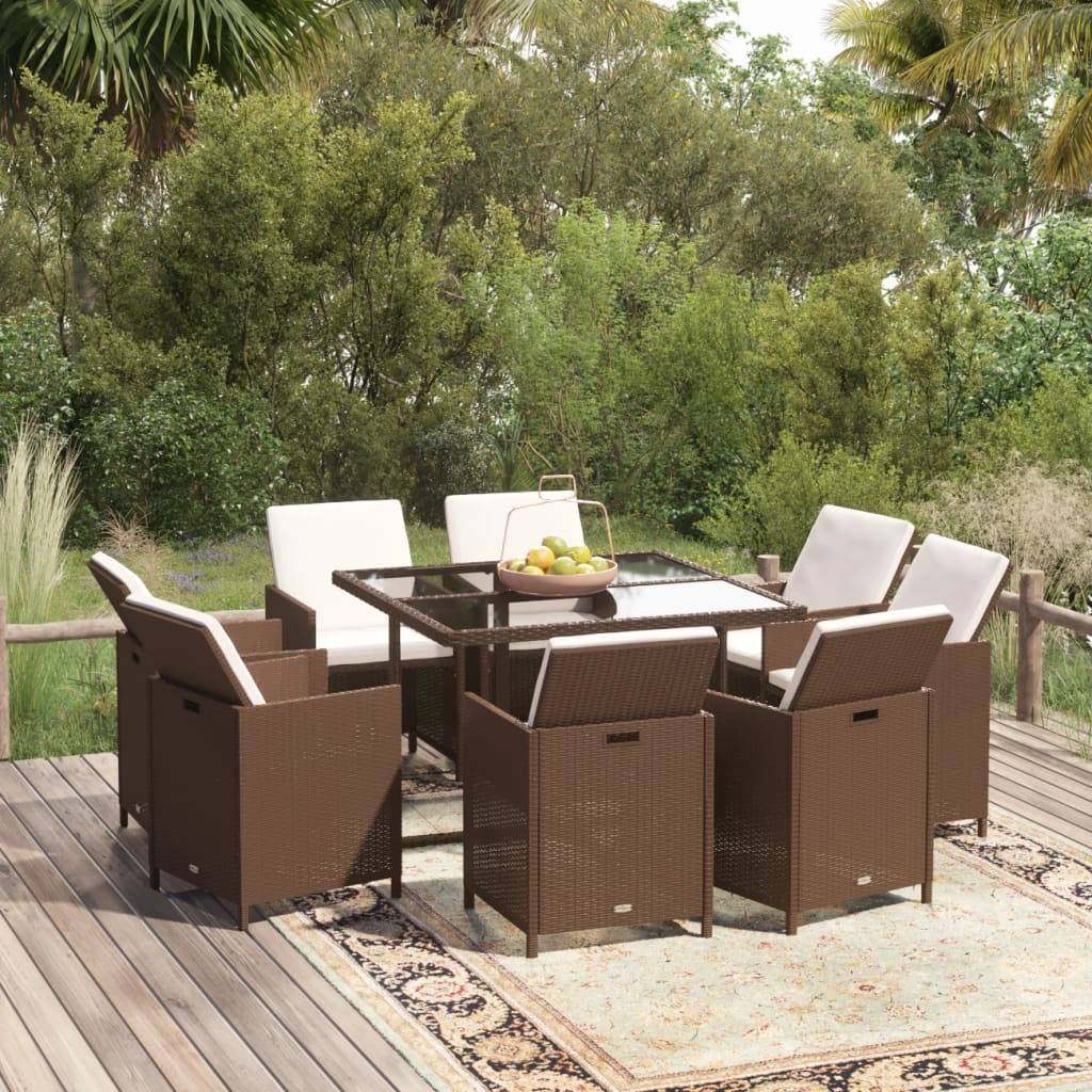 vidaXL 9-tlg. Garten-Essgruppe mit Kissen Poly Rattan Braun