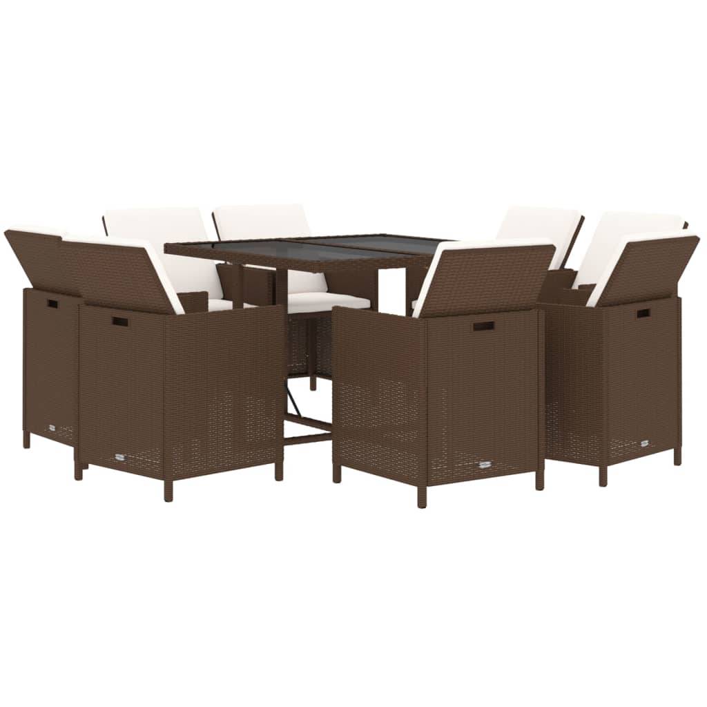 vidaXL 9-tlg. Garten-Essgruppe mit Kissen Poly Rattan Braun