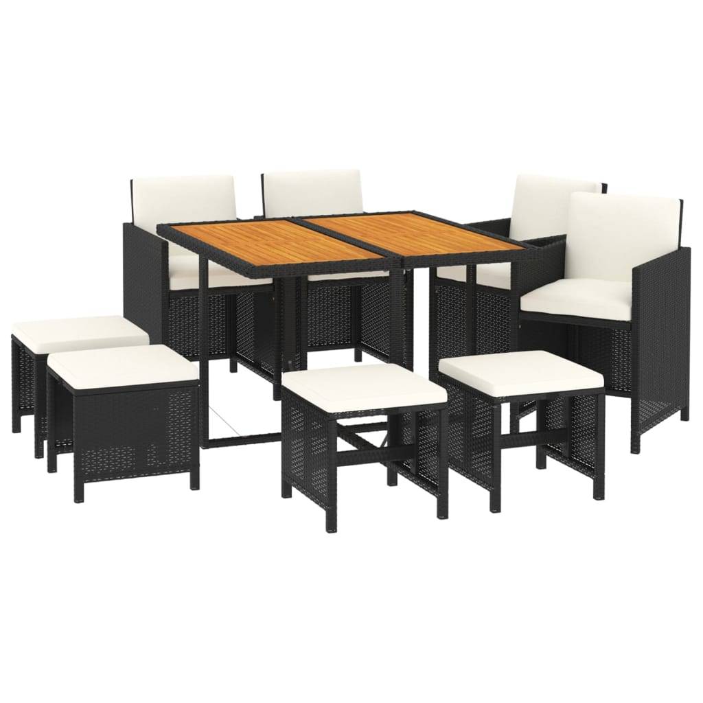 vidaXL 9-tlg. Garten-Essgruppe mit Kissen Poly Rattan Schwarz