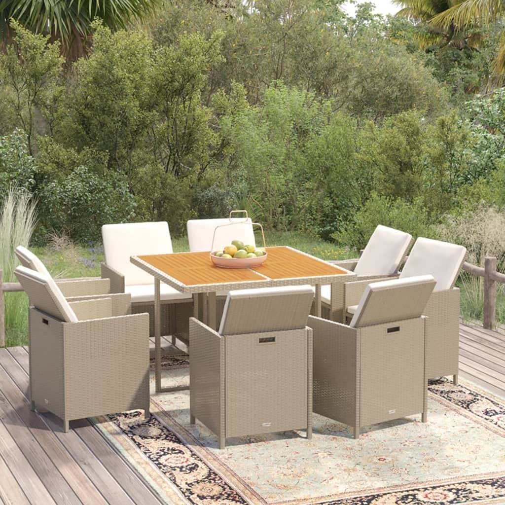 vidaXL 9-tlg. Garten-Essgruppe mit Kissen Poly Rattan Beige