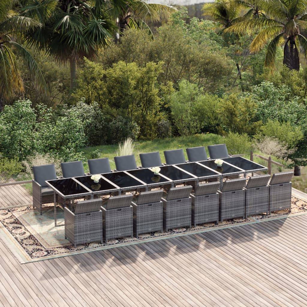 vidaXL 17-tlg. Garten-Essgruppe mit Kissen Grau Poly Rattan