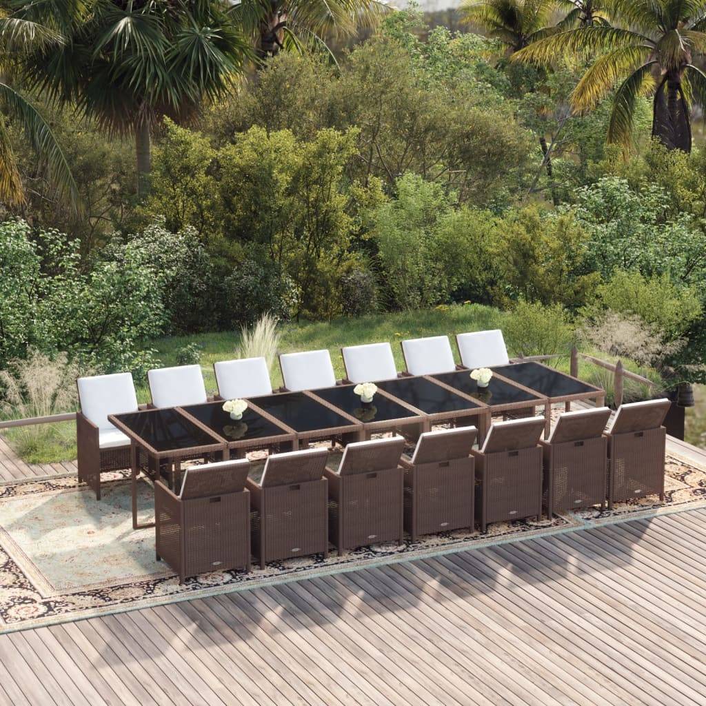 vidaXL 15-tlg. Garten-Essgruppe mit Kissen Poly Rattan Braun