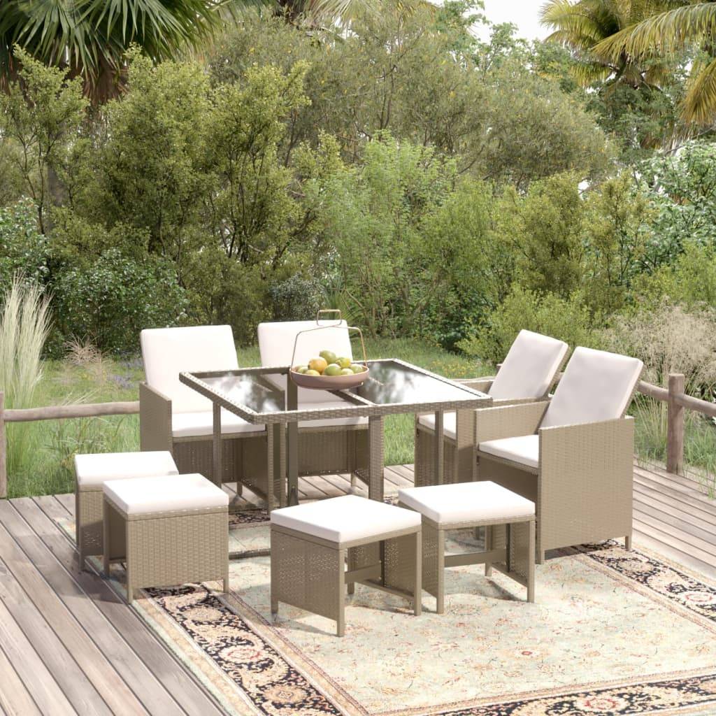 vidaXL 9-tlg. Garten-Essgruppe mit Kissen Poly Rattan Beige