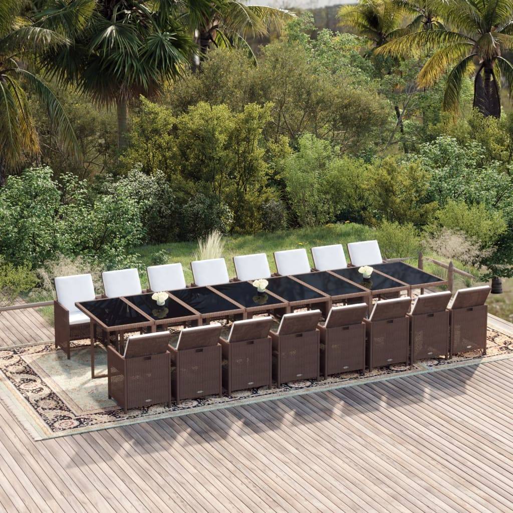 vidaXL 17-tlg. Garten-Essgruppe mit Kissen Poly Rattan Braun