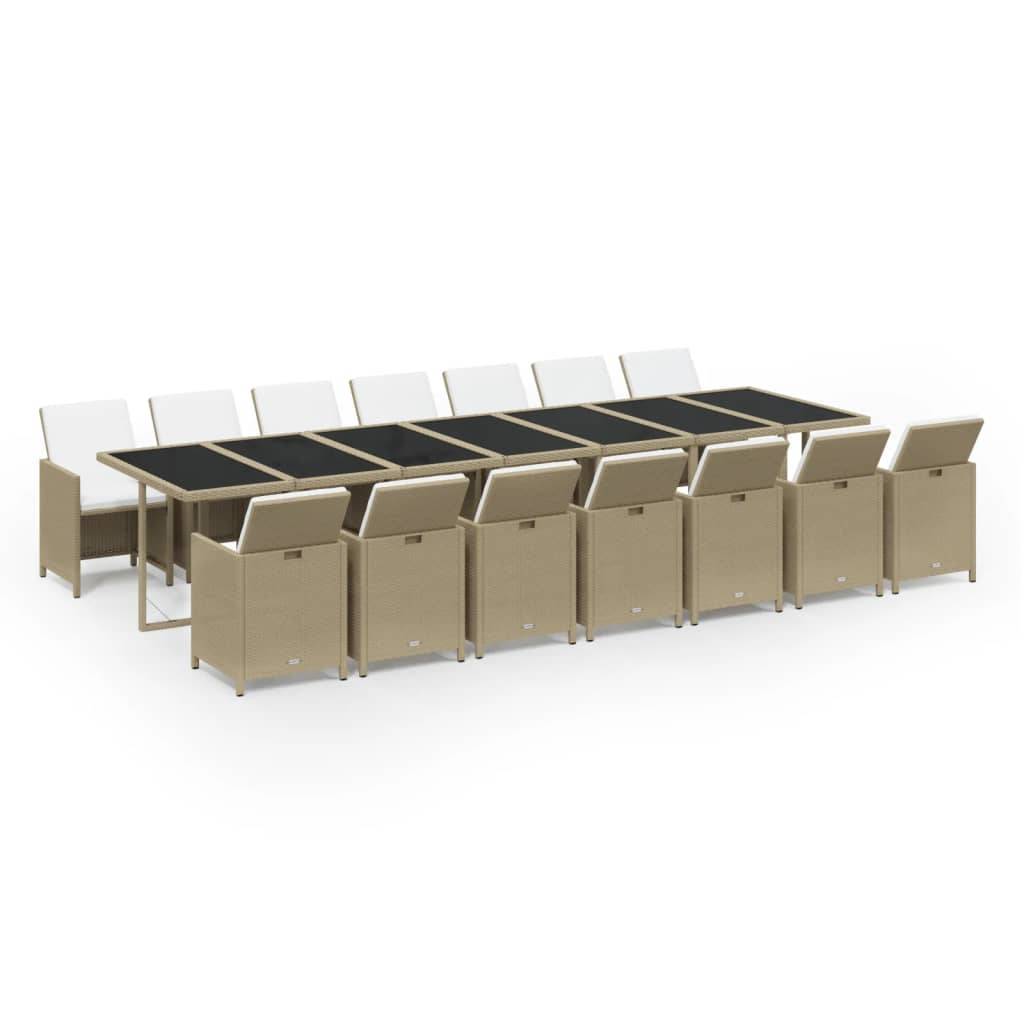 vidaXL 15-tlg. Garten-Essgruppe mit Kissen Poly Rattan Beige