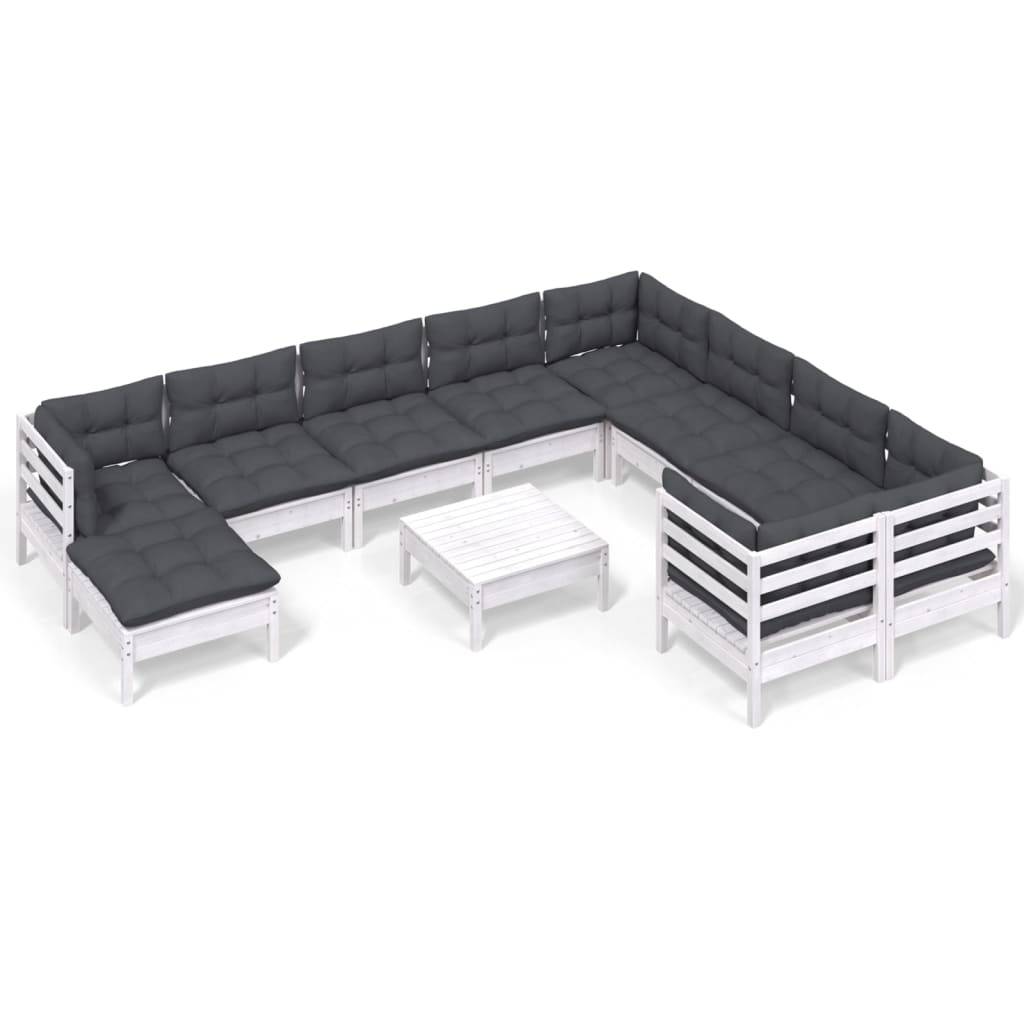 vidaXL 11-tlg. Garten-Lounge-Set mit Kissen Weiß Kiefernholz