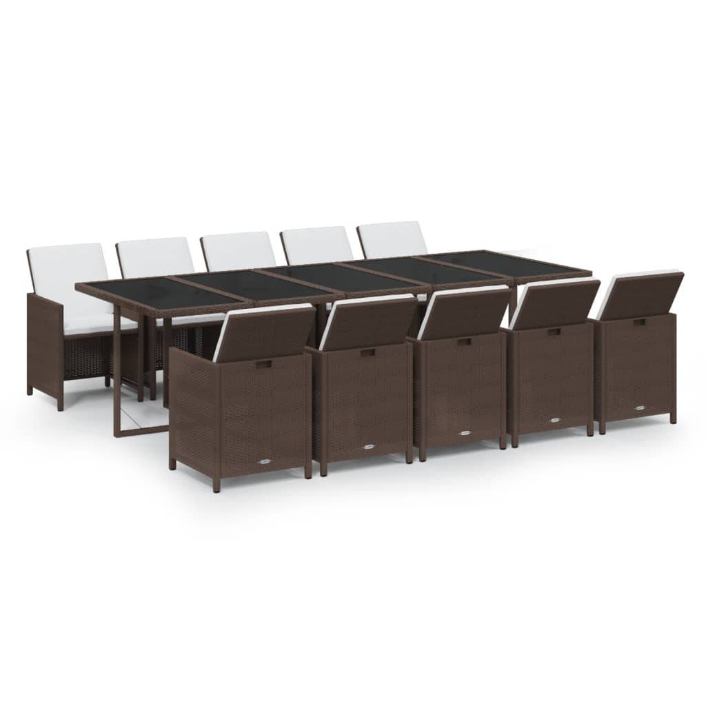 vidaXL 11-tlg. Garten-Essgruppe mit Kissen Poly Rattan Braun