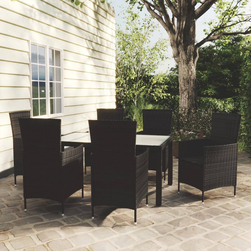 vidaXL 7-tlg. Garten-Essgruppe mit Auflagen Poly Rattan Schwarz