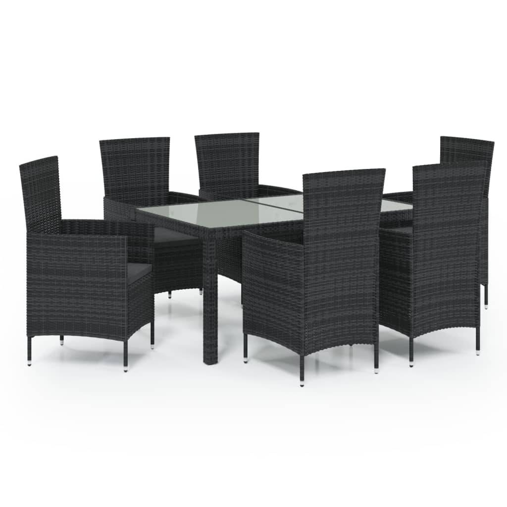 vidaXL 7-tlg. Garten-Essgruppe mit Auflagen Poly Rattan Schwarz