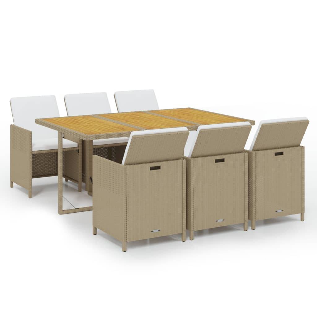 vidaXL 7-tlg. Garten-Essgruppe mit Kissen Poly Rattan Beige