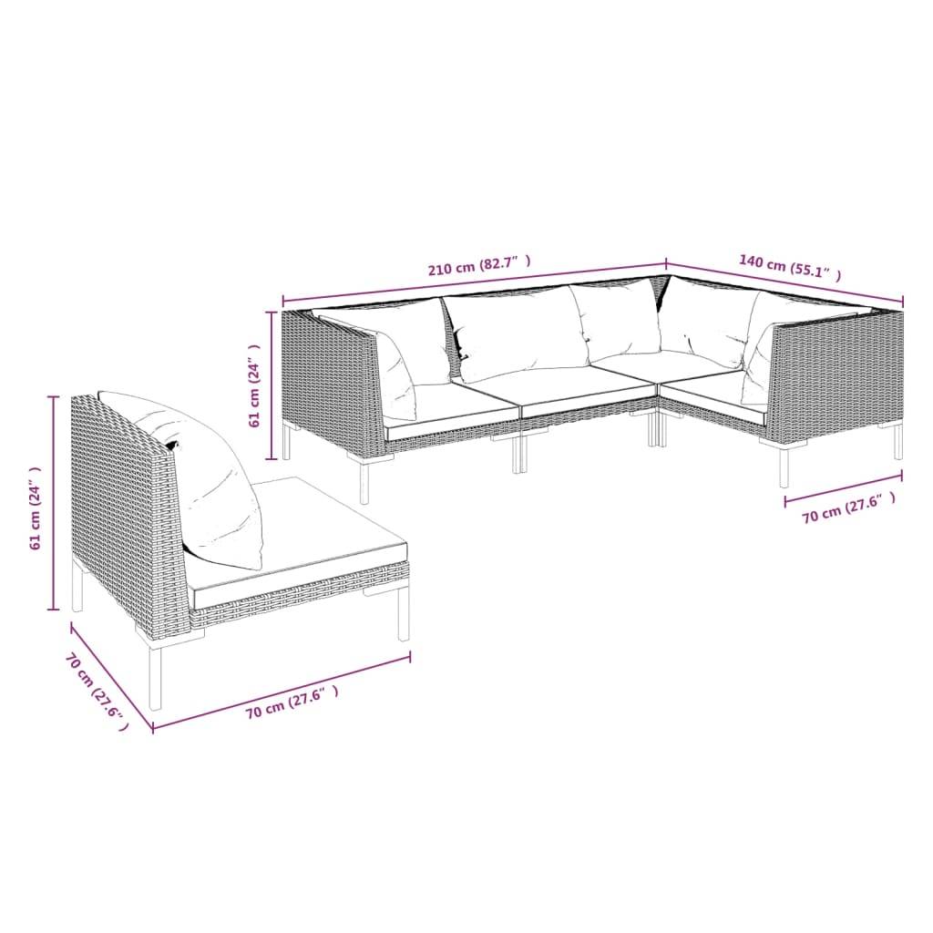 vidaXL 5-tlg. Garten-Lounge-Set mit Kissen Poly Rattan Dunkelgrau