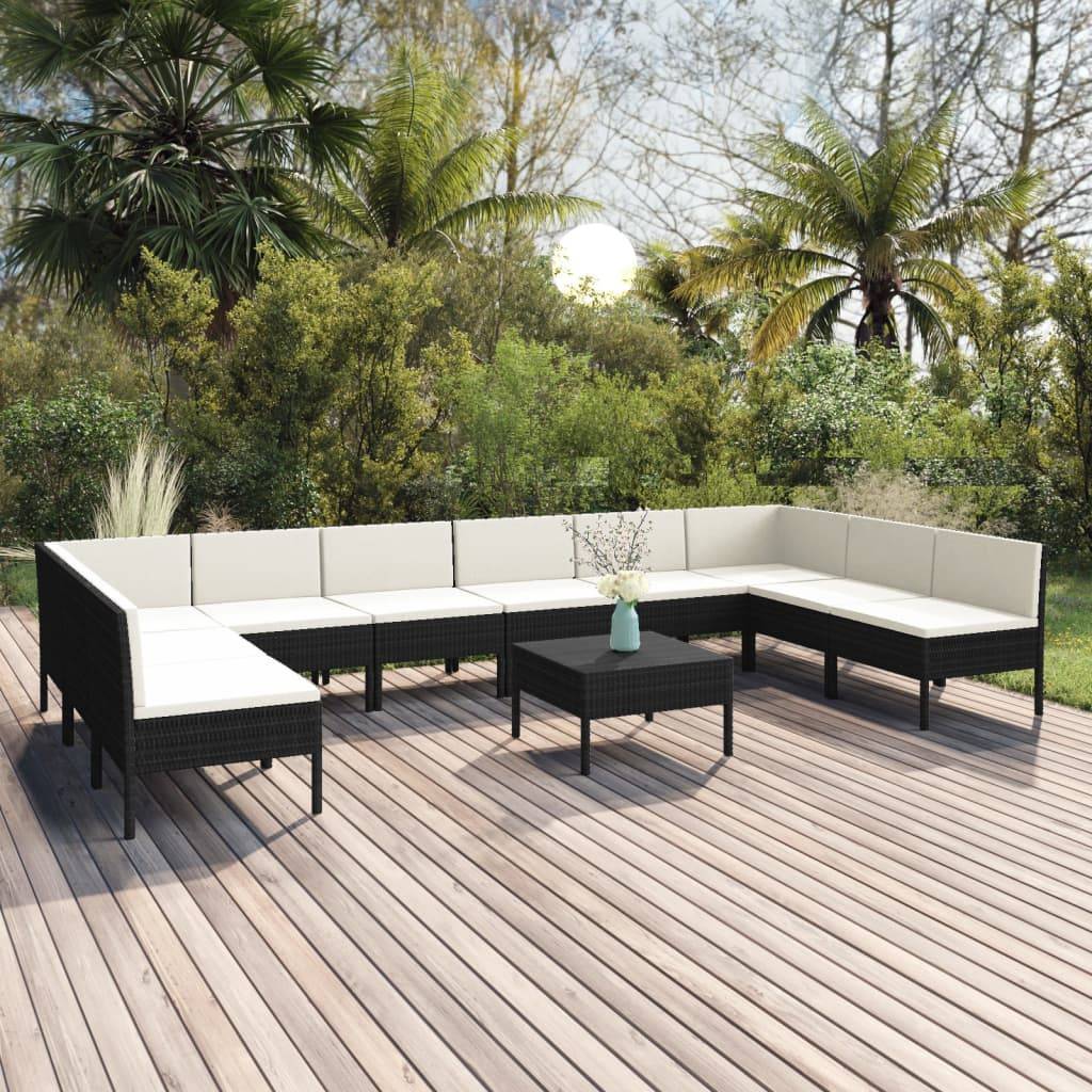vidaXL 11-tlg. Garten-Lounge-Set mit Auflagen Poly Rattan Schwarz
