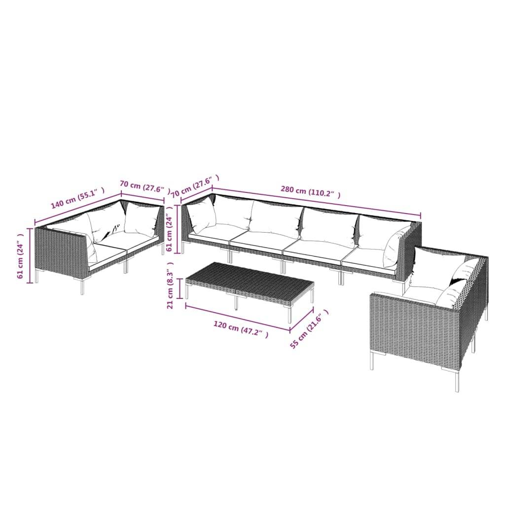 vidaXL 9-tlg. Garten-Lounge-Set mit Kissen Poly Rattan Dunkelgrau