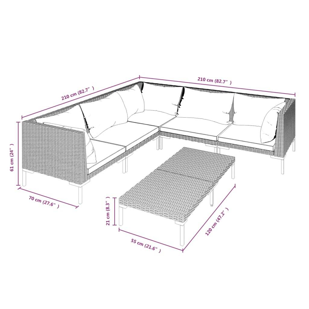 vidaXL 6-tlg. Garten-Lounge-Set mit Kissen Poly Rattan Dunkelgrau