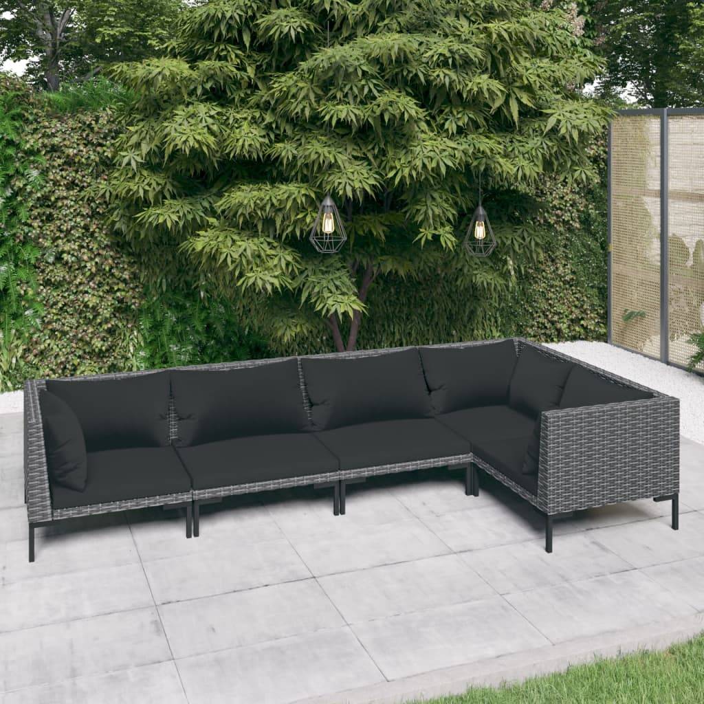 vidaXL 5-tlg. Garten-Lounge-Set mit Kissen Poly Rattan Dunkelgrau
